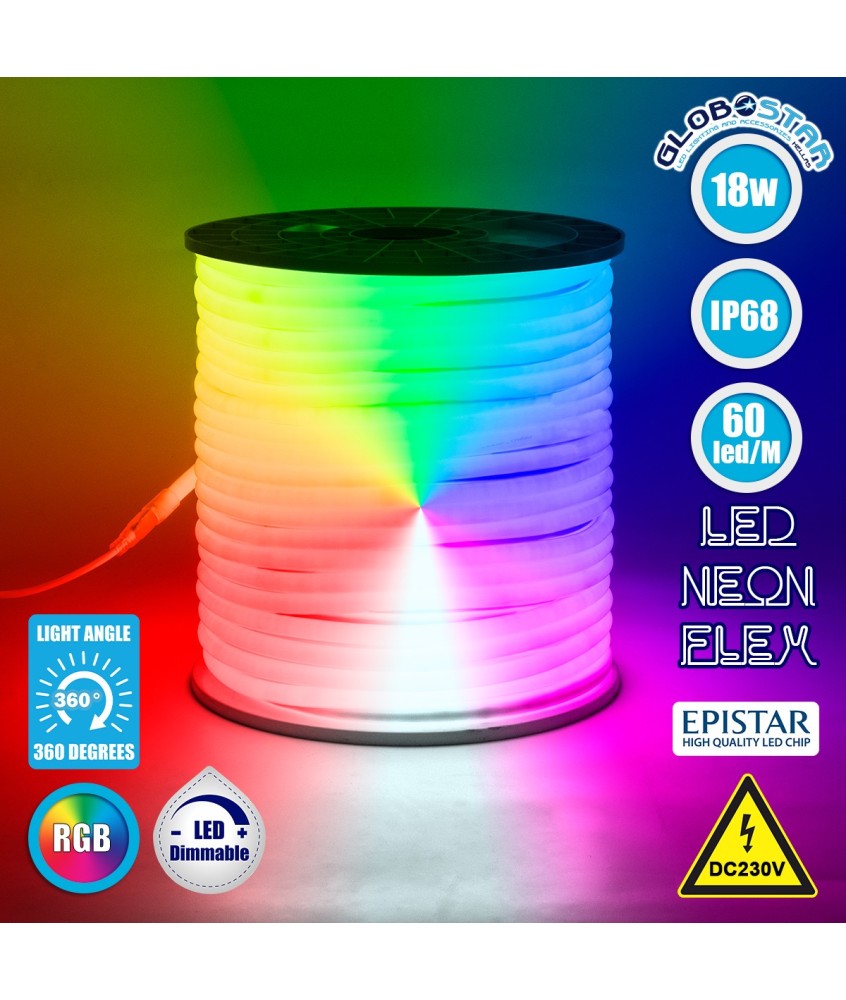 GLOBOSTAR® NEOTUBE 70598 Ταινία Neon Flex LED 18W-m 900lm-m 360° DC 220-240V Αδιάβροχο IP65 60 x SMD5050 Chip-m Πολύχρωμο RGB Dimmable - Sanan SMD Chip - Μ500 x Π2.1 x Υ2.1cm - 3 Χρόνια Εγγύηση